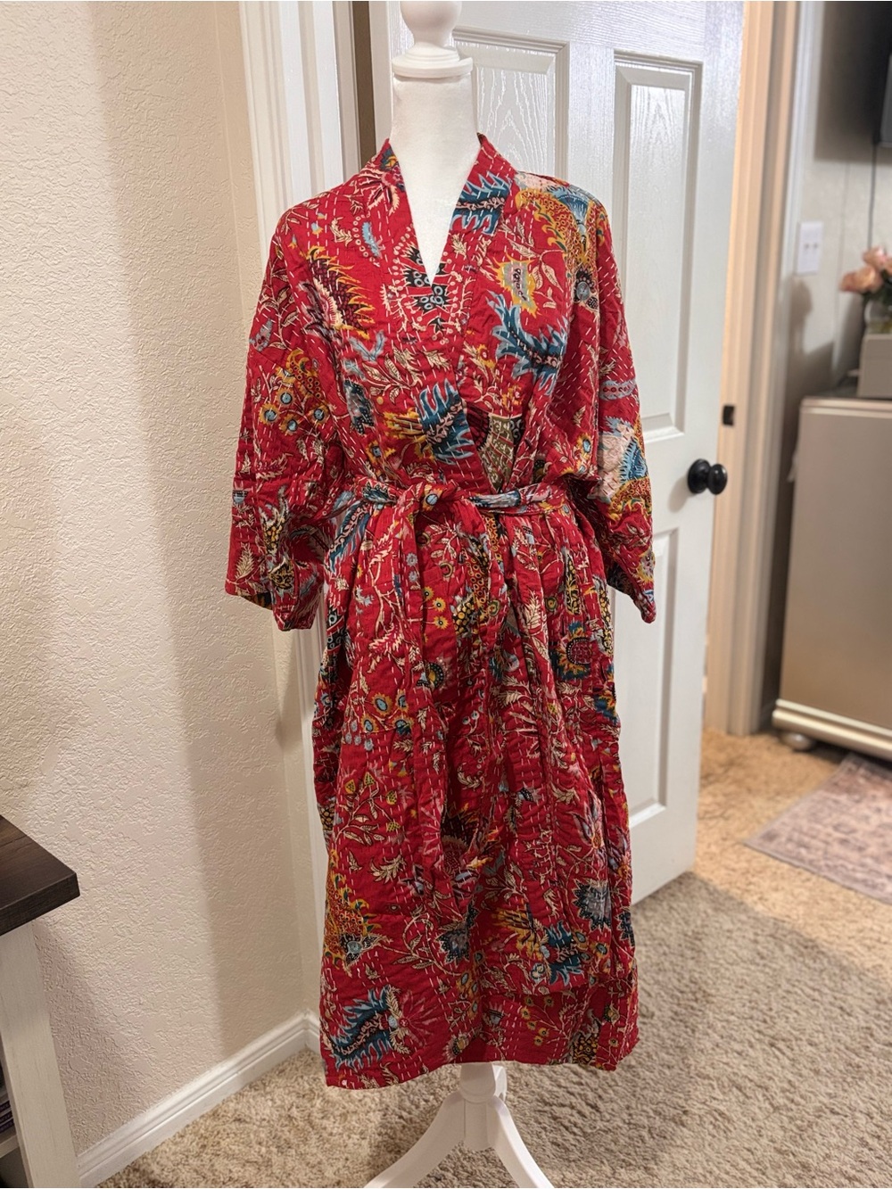 POL Red Floral Cotton Kimono Robe with Multicolor Print